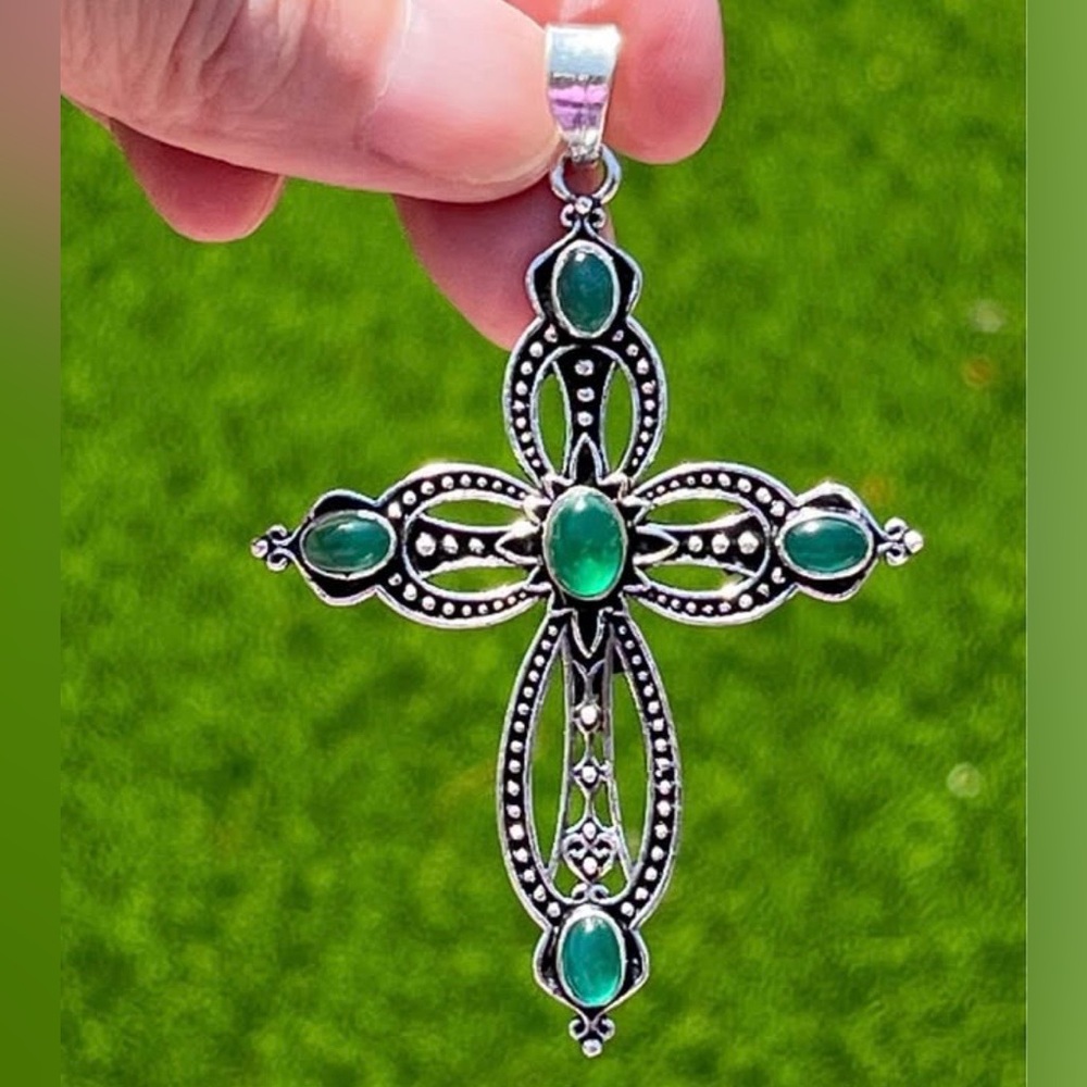 Green Onyx Sterling Silver 2.5” Cross Pendant